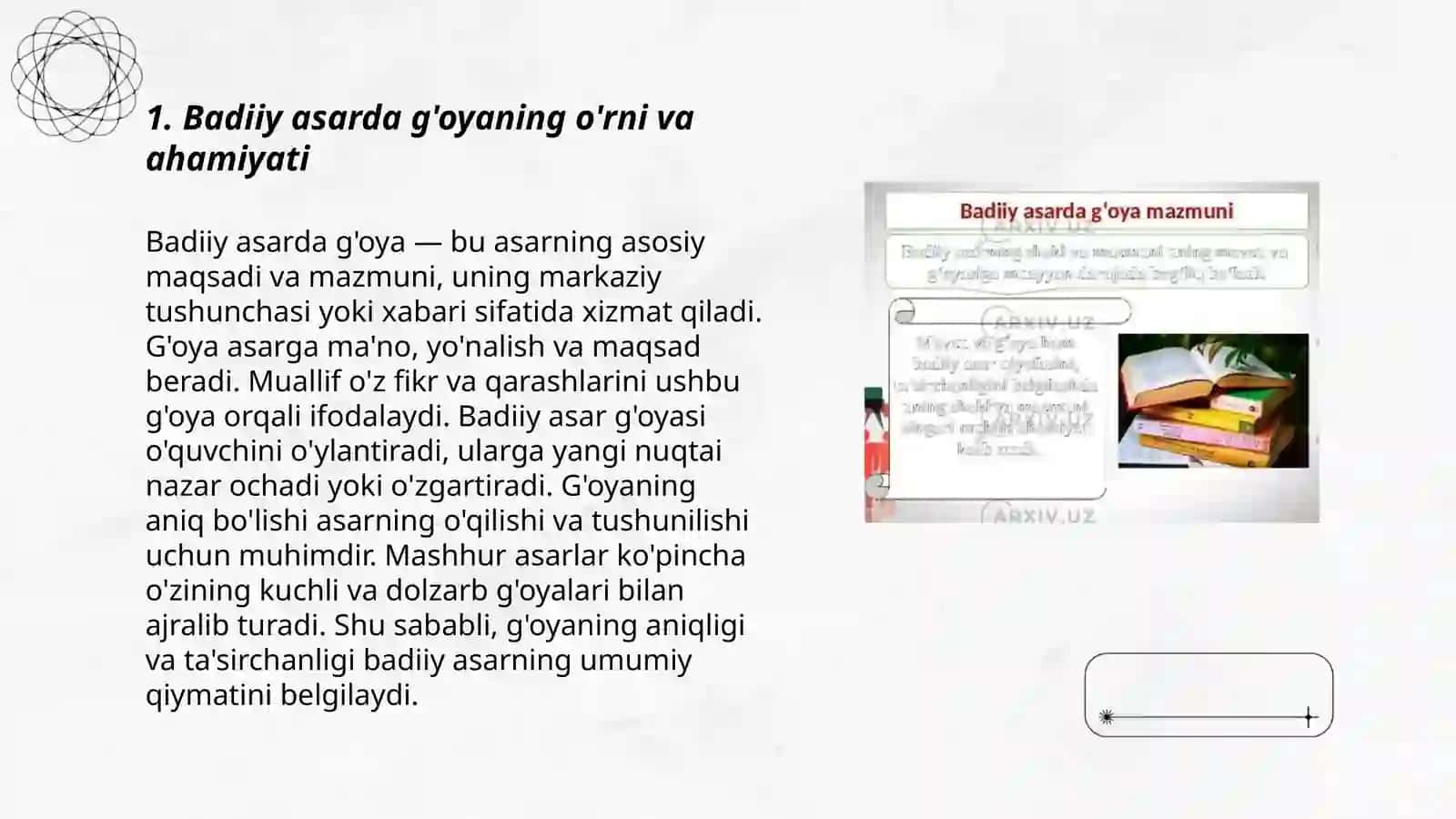 Badiiy asar g'oyasi, mavzu va estetik ideal 3