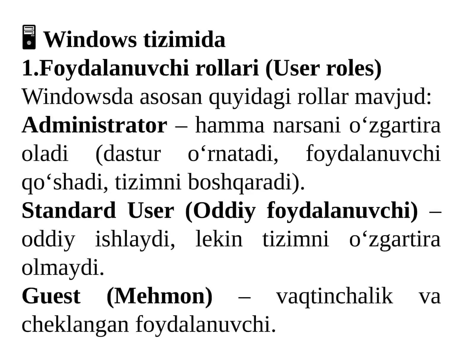 Windows/Linux tizimlarida foydalanuvchi rollarini sozlash, guruhlarni boshqarish 3