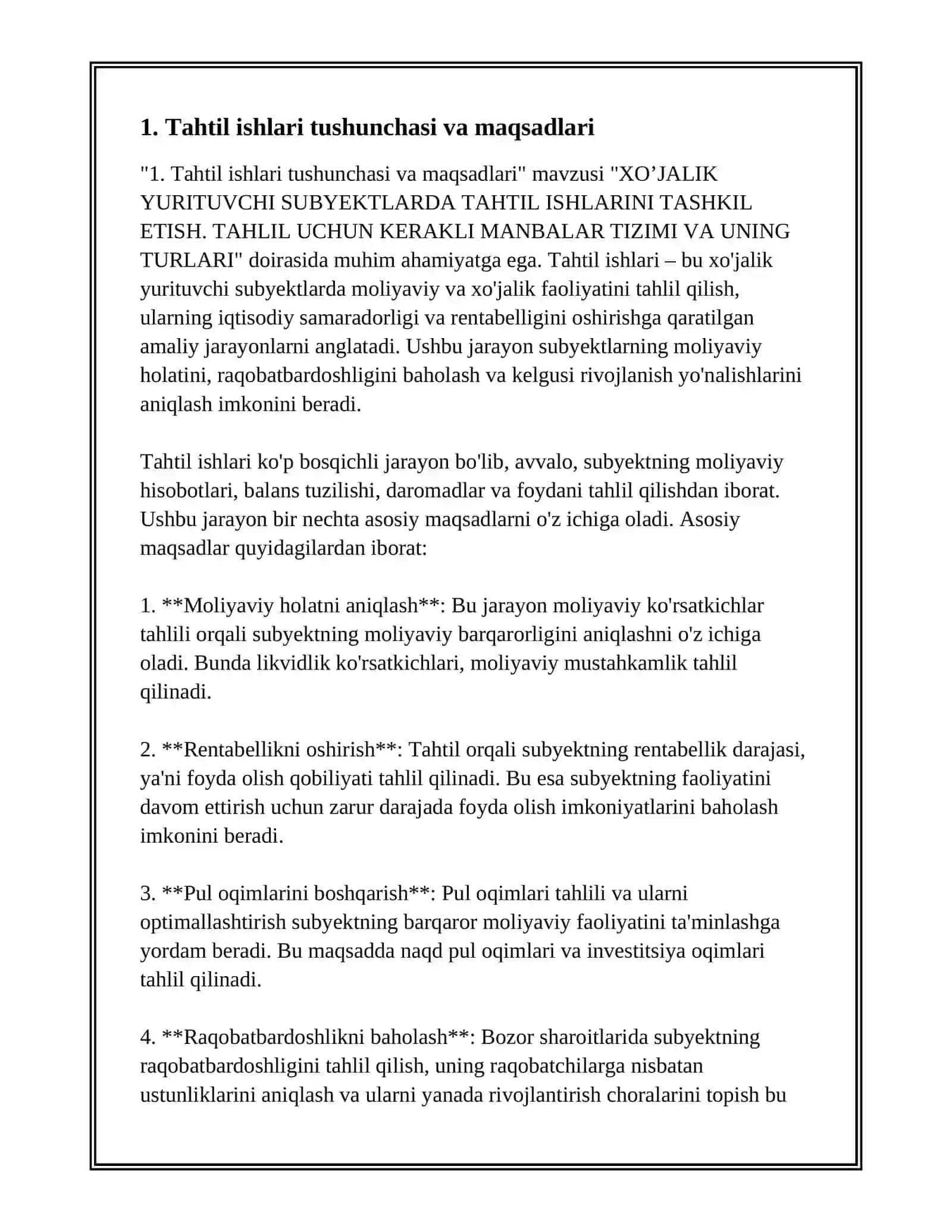 XO’JALIK YURITUVCHI SUBYEKTLARDA TAHTIL ISHLARINI TASHKIL ETISH. TAHLIL UCHUN KERAKLI MANBALAR TIZIMI VA UNING TURLARI 3