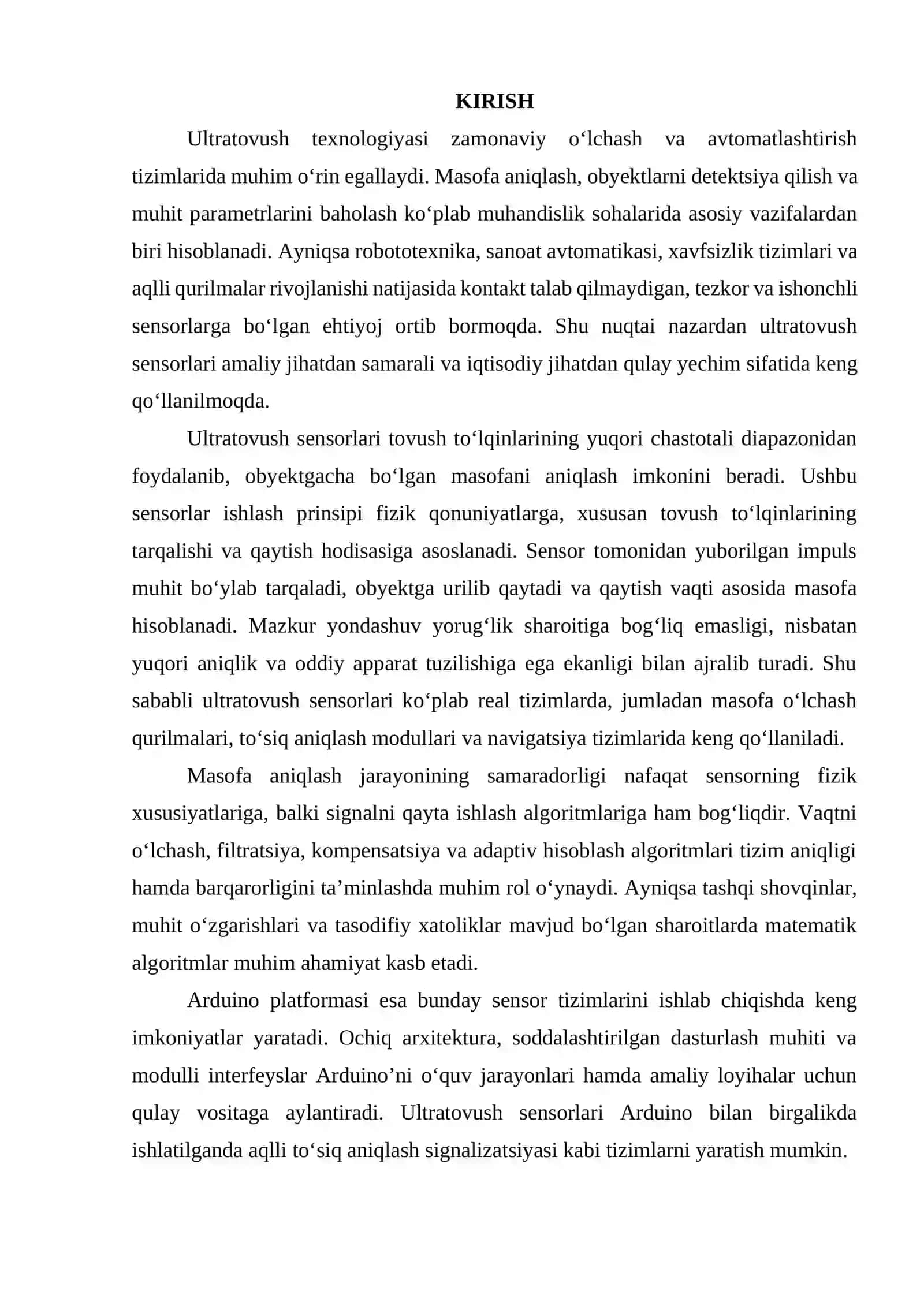 Ultratovush sensorlari va masofa aniqlash algoritmlari. Arduino bilan aqlli to‘siq aniqlash signalizatsiyasi. 3