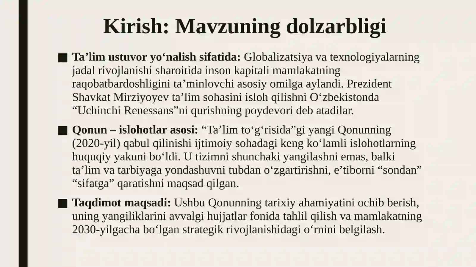 Ta'lim to'g'risidagi qonun qabul qilinishining tarixiy ahamiyati 3
