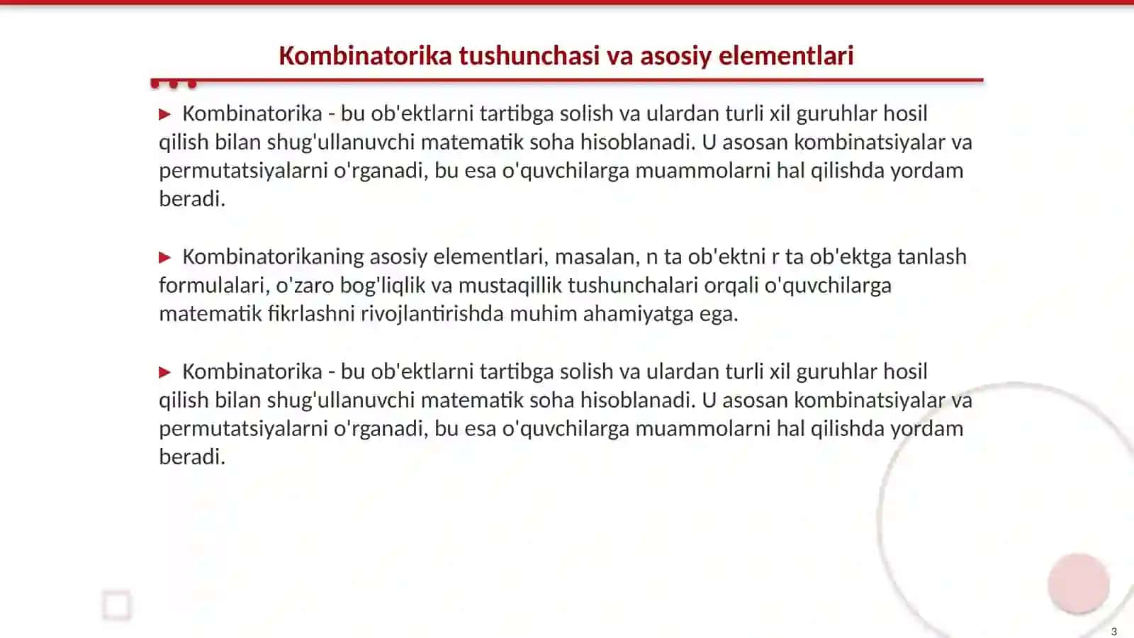 Boshlang'ich ta'limda kombinatorika elementlar/ Boshlang'ich sinf matematika darslarida integratsiyalashgan ta'lim fanidan 3