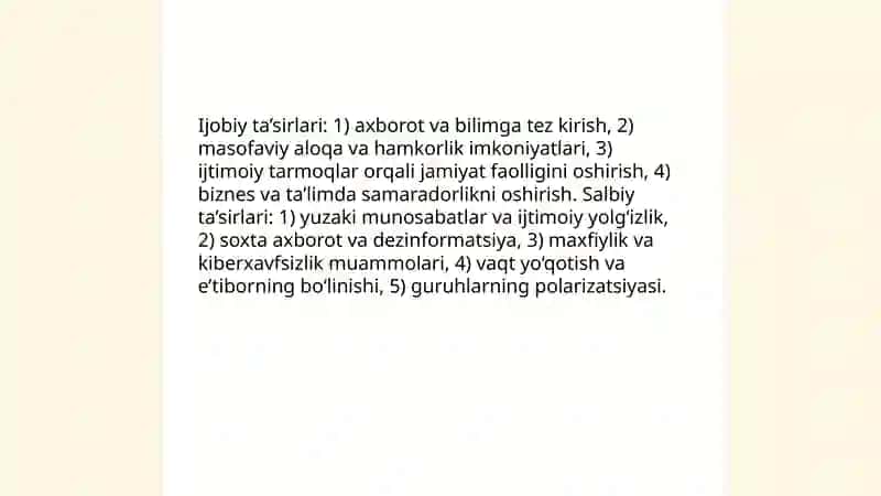 Jamiyat axborotlashuvining salbiy va ijobiy jihatlari 3