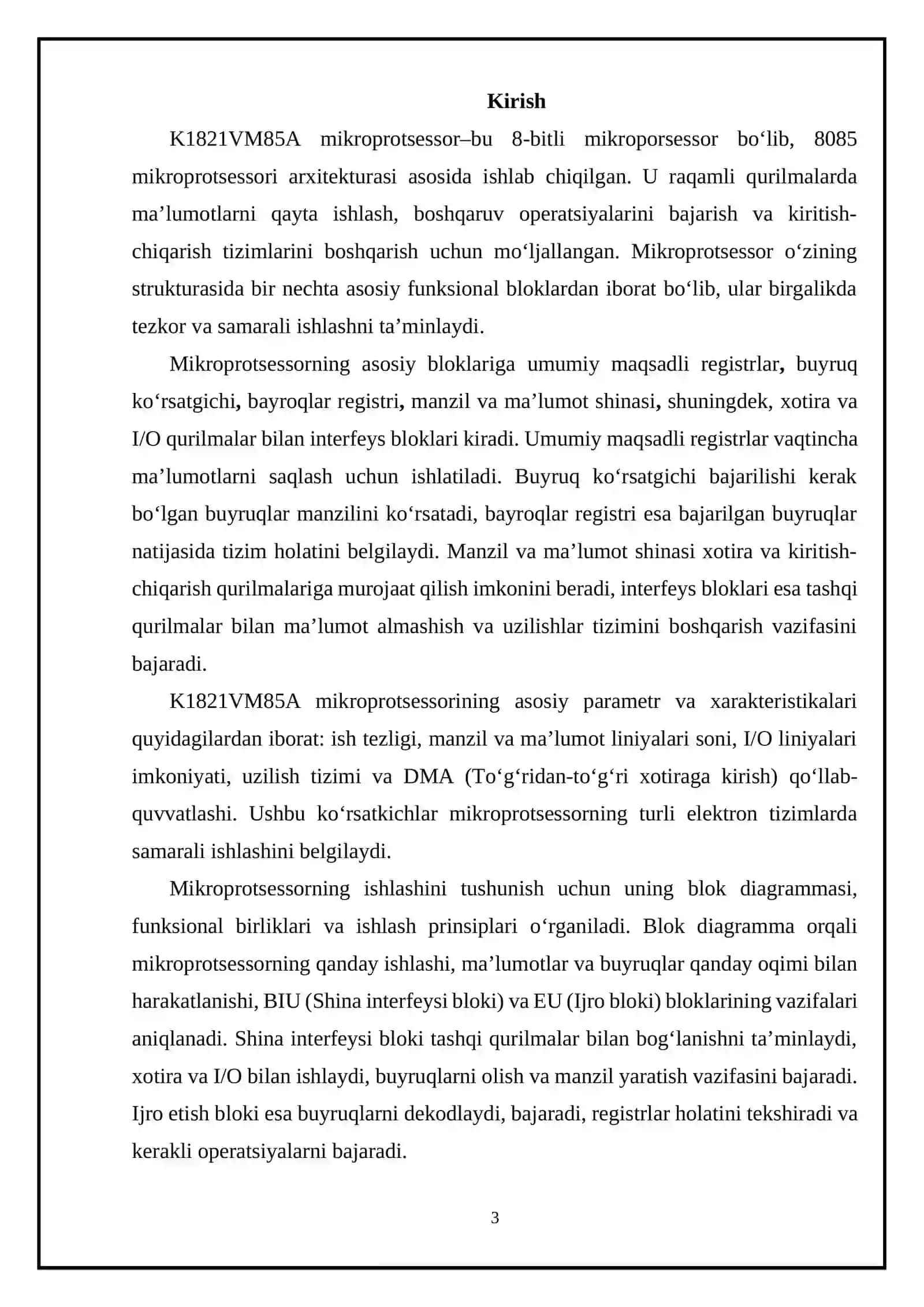 K1821VM85A rusumli mikroprotsessorning strukturaviy tuzilmasi, uning asosiy parametrlari va xarakteristikalari 3