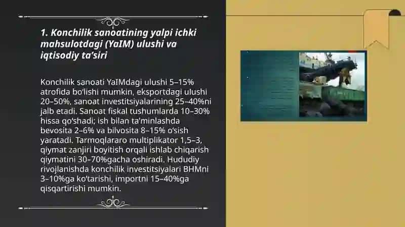 Konchilik sanoatning mamlakat iqtisodiyotidagi oʼrni va tarmoqlararo aloqasi 3