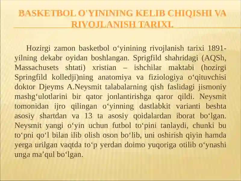 Basketbol o'yinining kelib chiqishi va rivojlanishi tarixi 3