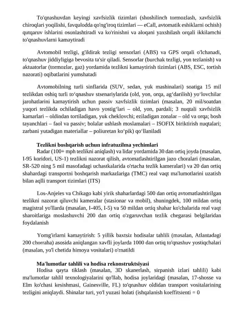 Avtomobil tezligi va uning oqibatlarini kamaytirishdagi tizimlar 3