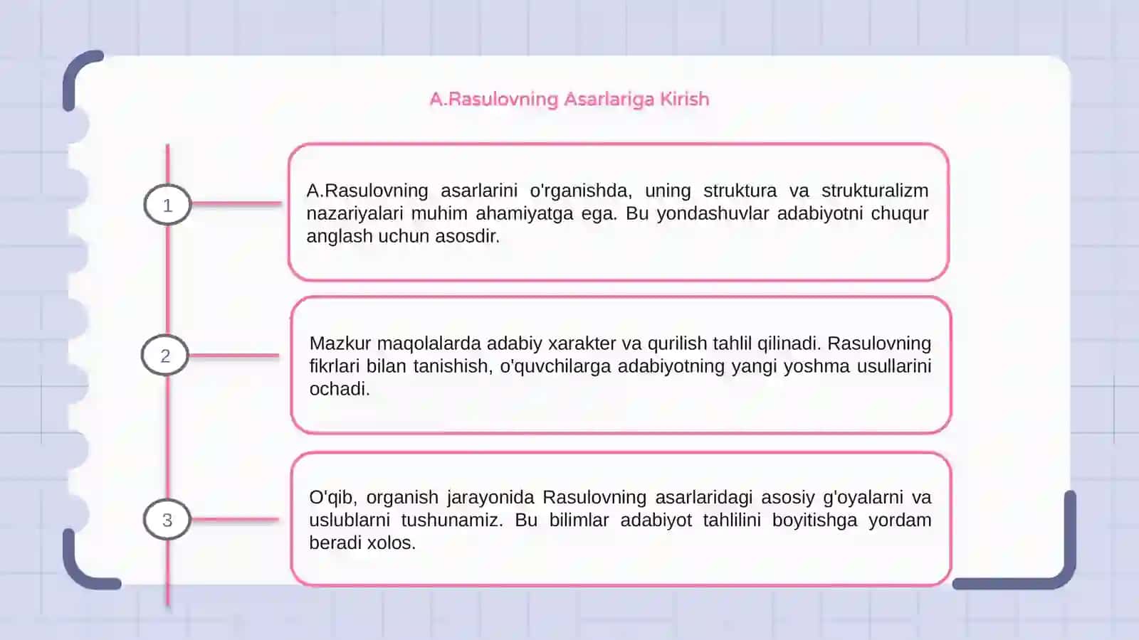 A.Rasulovning Struktura va strukturalizm va Adabiy xarakter maqolalarini oqib, organish 3