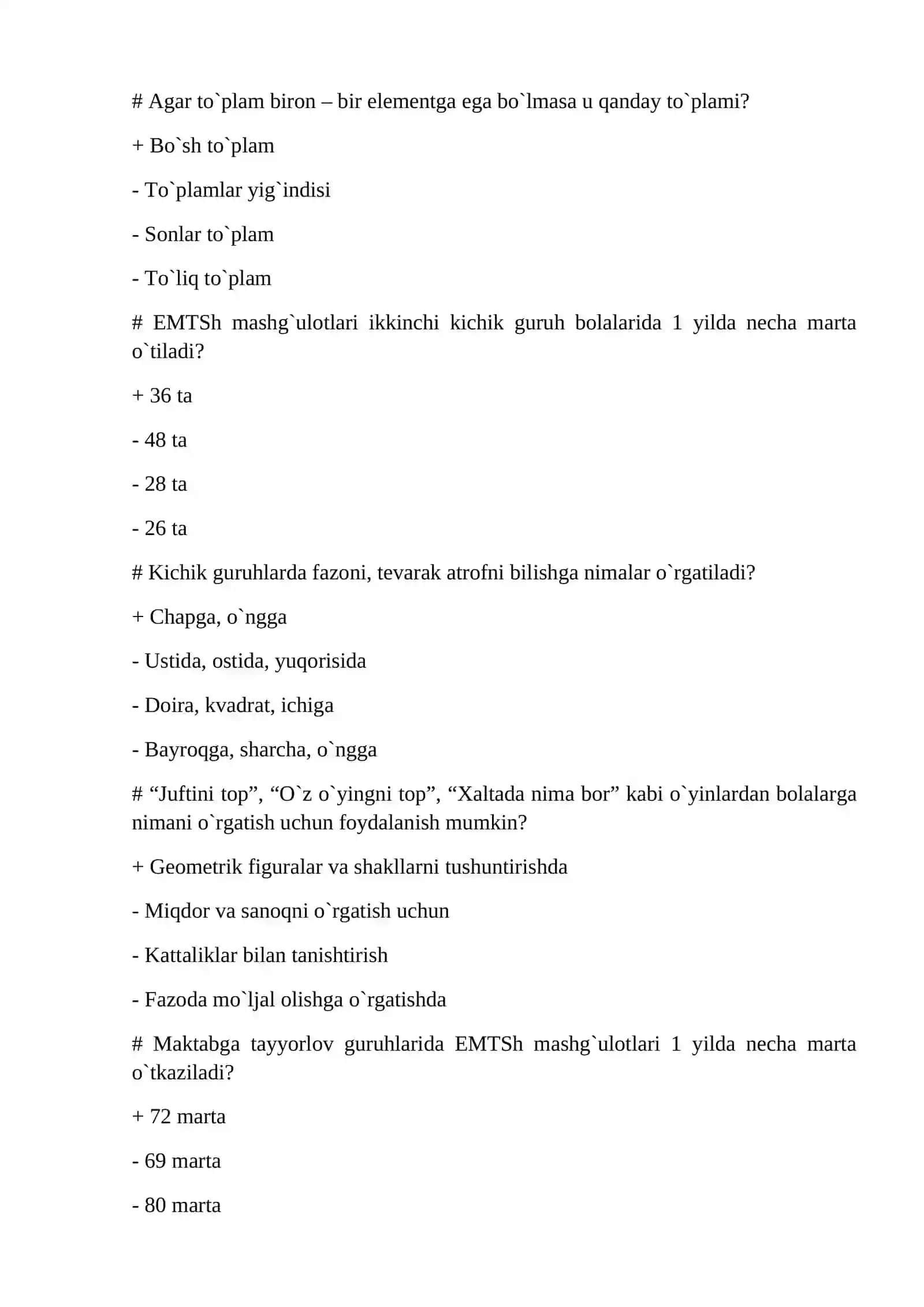 ELEMENTAR MATEMATIK TASAVVURLARNI SHAKLLANTIRISH FANIDAN TEST 3