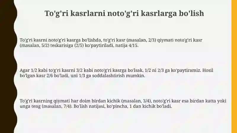 To'g'ri kasrlarni noto'g'ri kasrga bo'lish 3