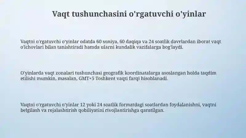 Vaqt tushunchalarini o'rgatishgamoʻlijallanganoʻyinlar 3