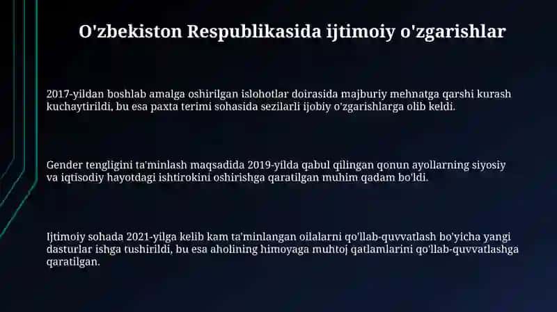 O'zbekiston Respublikasidagi ijtimoiy o'zgarishlar 3