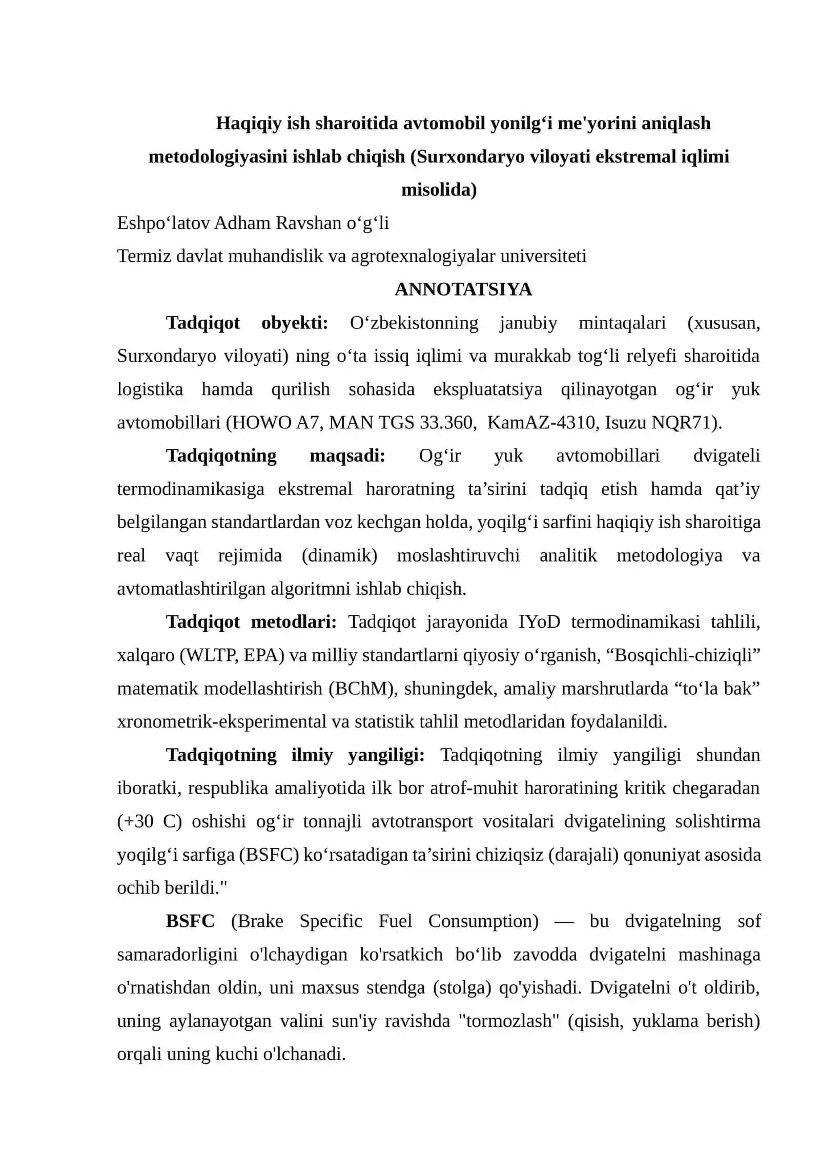 Haqiqiy ish sharoitida avtomobil yonilg‘i me’yorini aniqlash metodologiyasini ishlab chiqish 3