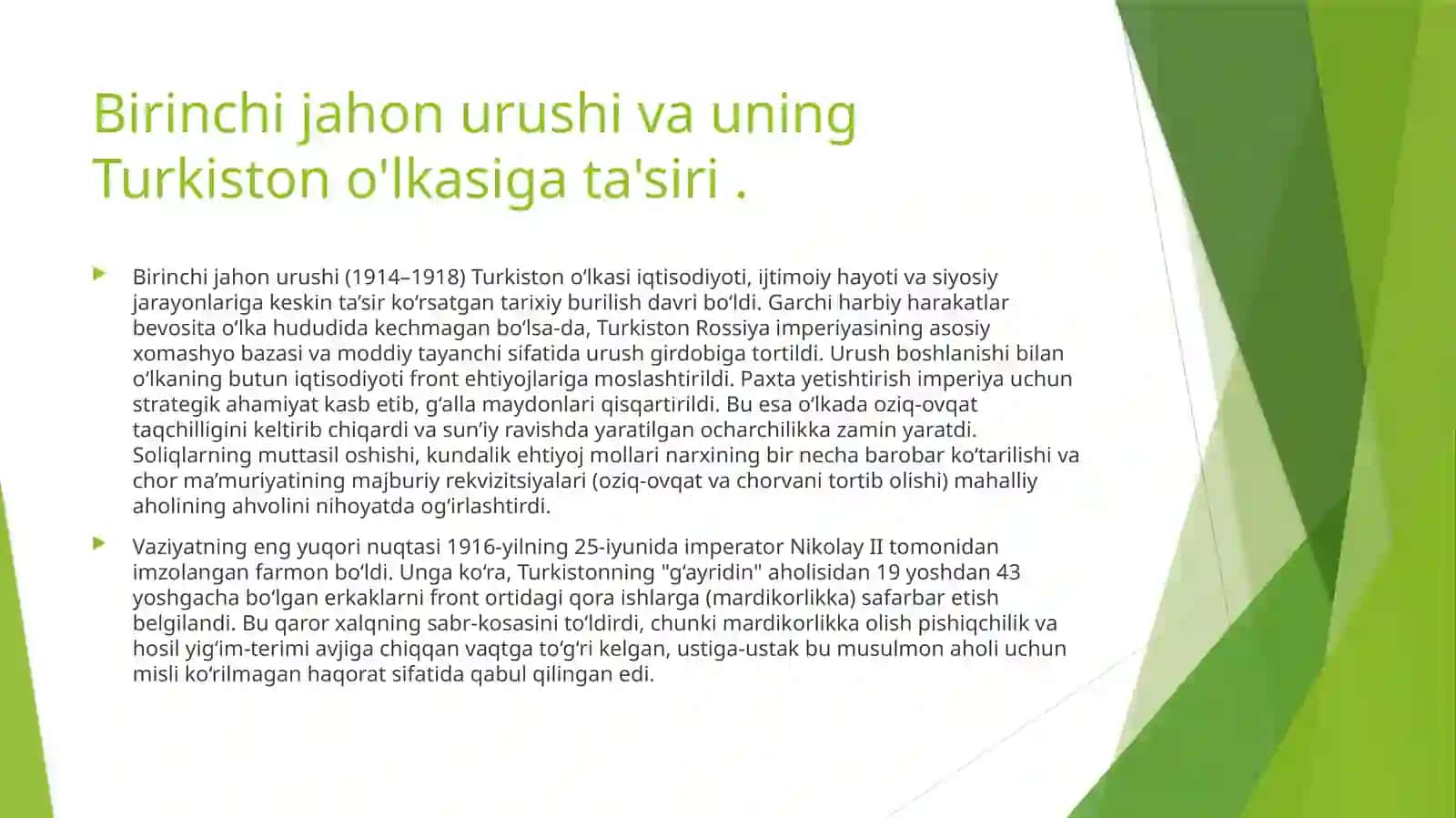 Birinchi jahon urushining Turkiston o’lkasiga ta’siri.1916-yil milliy-ozodlik harakati 3