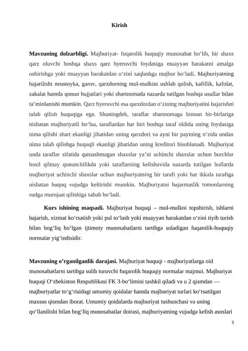 MAJBURIYAT HUQUQI TUSHUNCHASI, TIZIMI, VUJUDGA KELISH ASOSLARI Kurs ishi 3