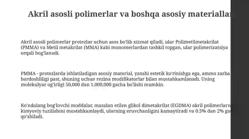 Plastmassa tish protezlari uchun xom ashyo: Turlari va xususiyatlari 3