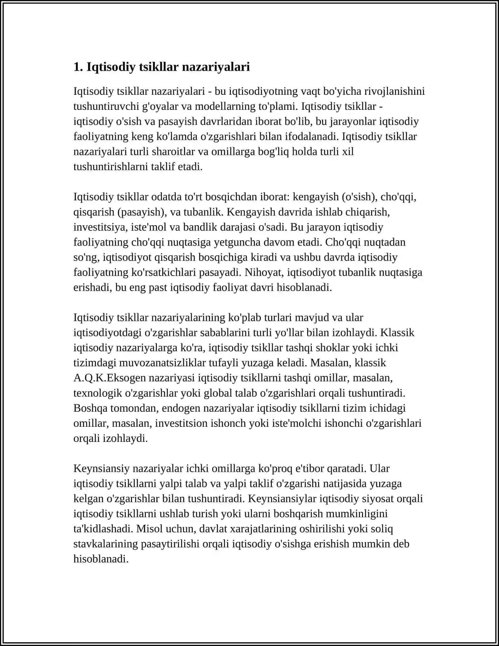 MUSTAQIL ISH Mavzu: IQTISODIY RIVOJLANISHNING SIKLLIGI VA IQTISODIY SIKL NAZARIYALARI 3