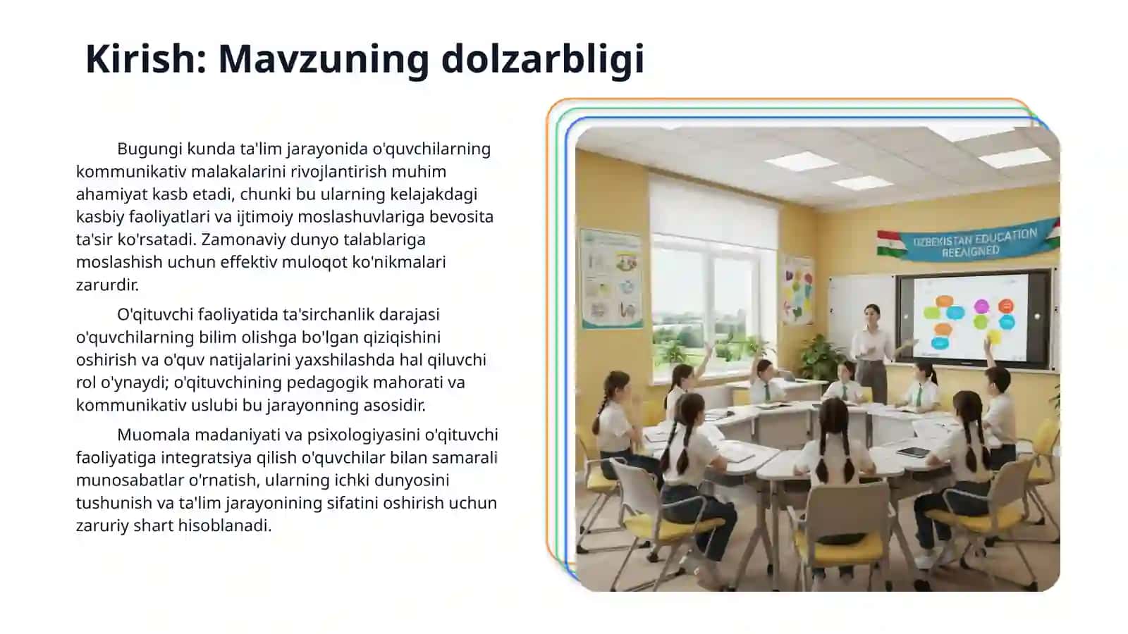 Kommunikativ malakalar va ta'sir kòrsatish. Òqituvchi faoliyatida muomala madaniyati va psixologiyasi. 3