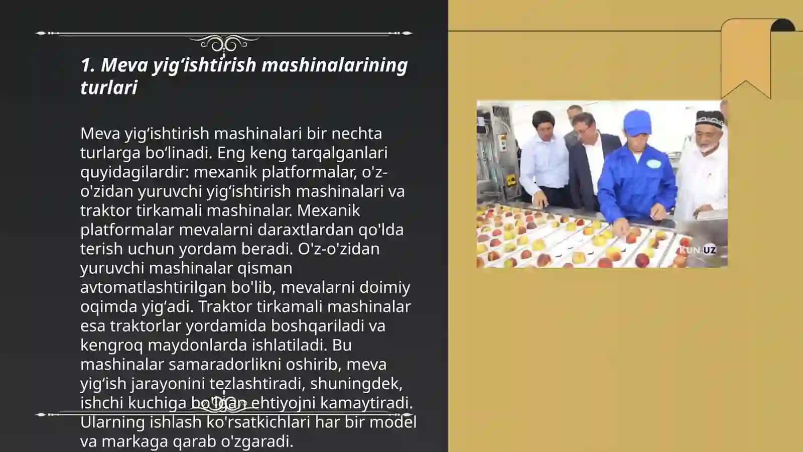 Meva yigʻishtirish mashinalari va ularni ishga tayyorlash tartibini oʻrganish 3