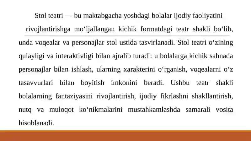 MAKTABGACHA TA'LIM TASHKILOTLARIDA STOL TEATRI PERSONAJLARINI YASASH VA SAHNALASHTIRISH .pptx 3