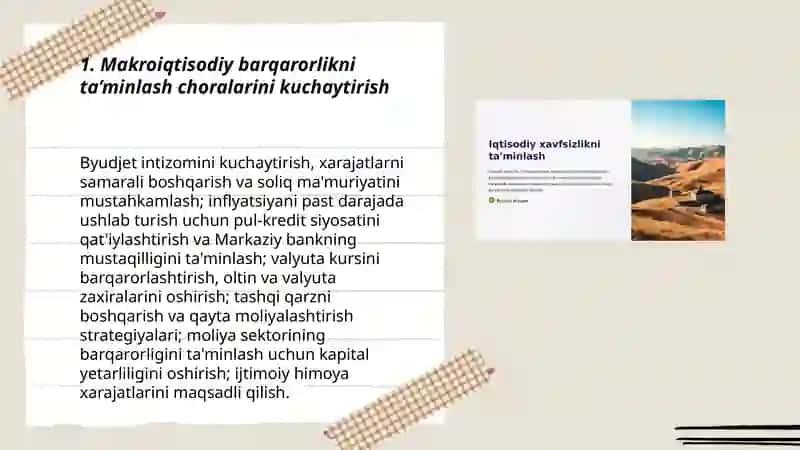 O‘zbekistonda iqtisodiy xavfsizlikni ta’minlash borasida amalga oshirilayotgan chora-tadbirlar 3
