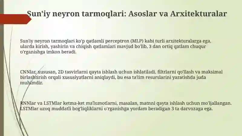 Sun'iy neyron tarmoqlari: Asoslar va Arxitekturalar 3