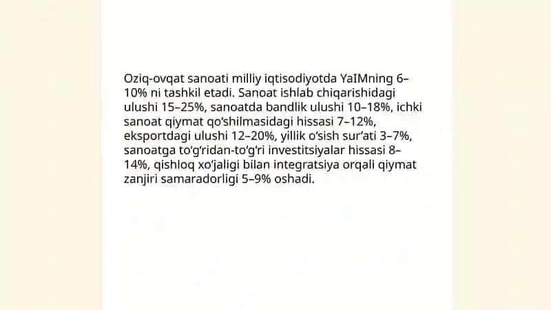 Oziq-ovqat sanoatining milliy iqtisodiyot va uning mikroiqtisodiyoti koʻrsatgichlari 3