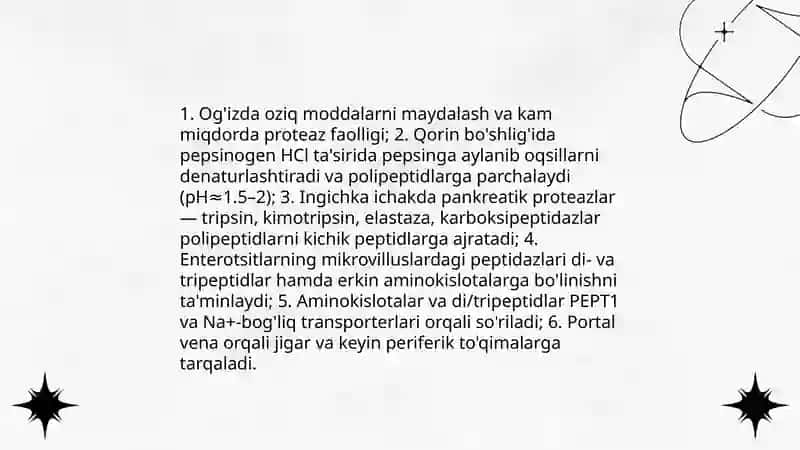 Oqsillarning hazmlanishi, aminokislotalarning so'rilishi va to'qimalararo taqsimlanishi 3