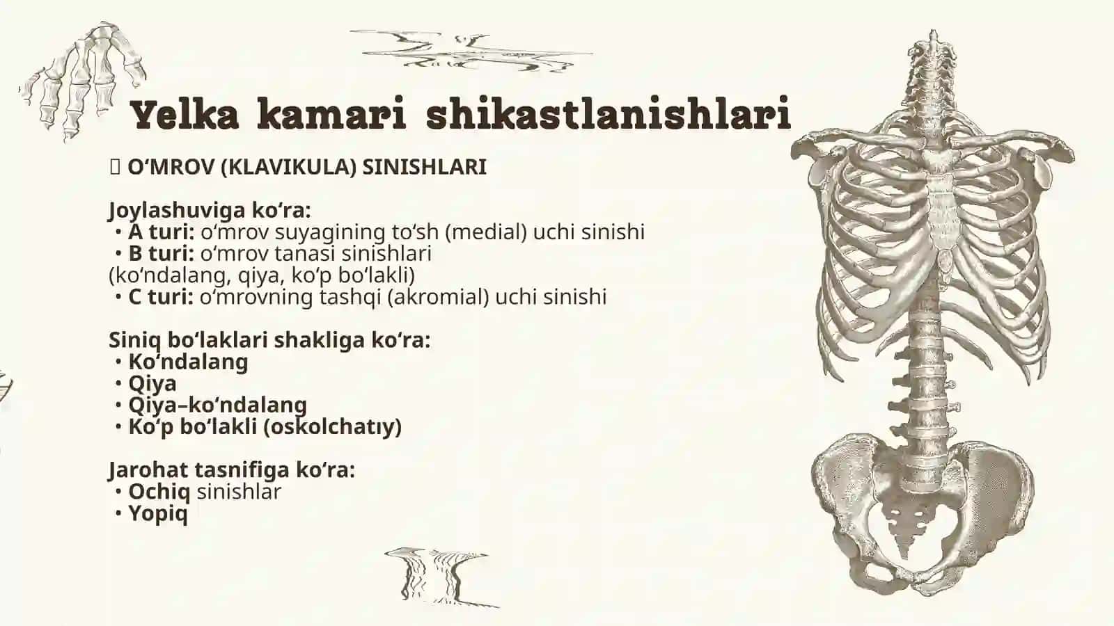 Ko'krak qafasi va yelka kamari shikastlanishlari. Bolalarda ko'krak qafasi shikastlanishlari, o'ziga xosligi. Kattalar va bolalarda yelka suyagi va yelka bo'g'imini shikastlanishlari. 3