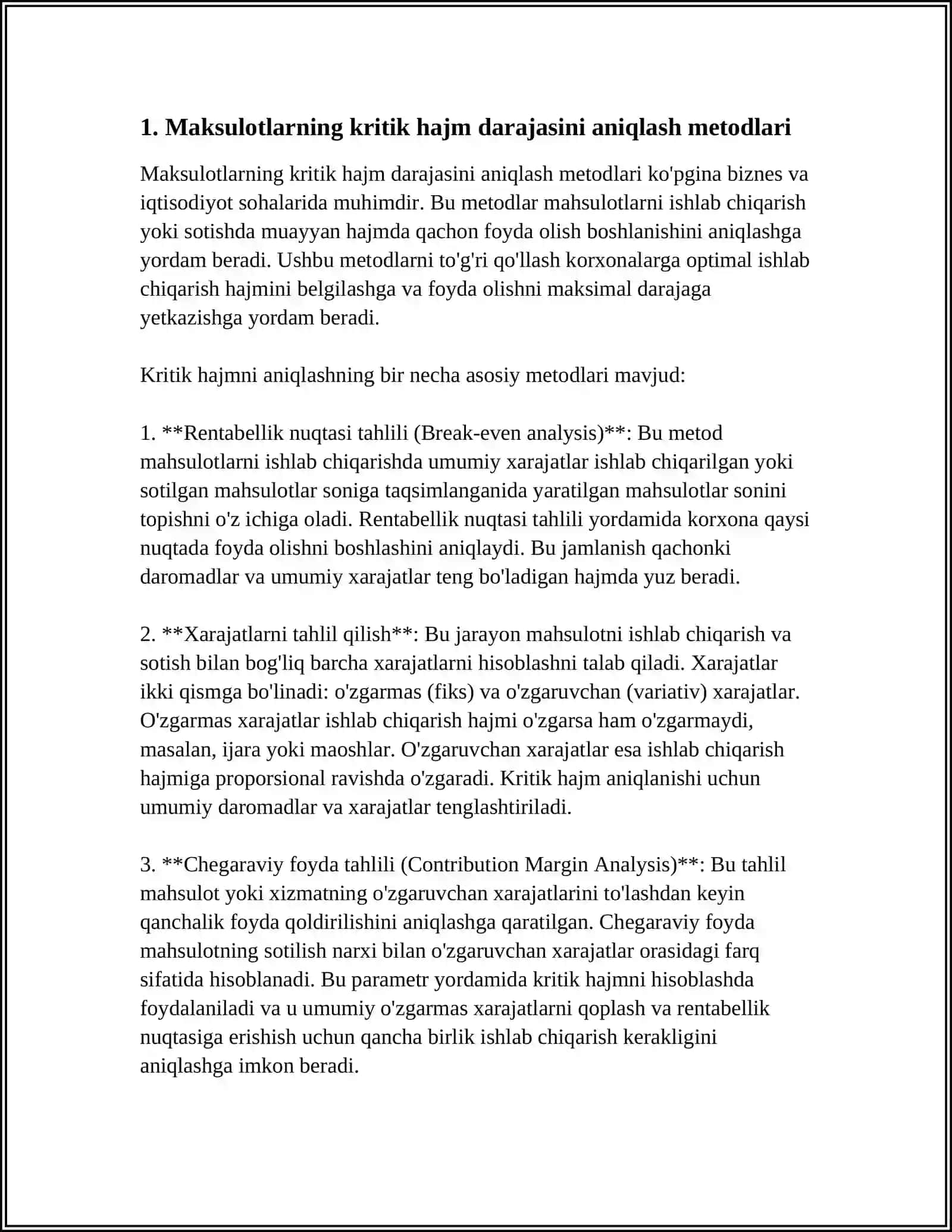 MAXSULOT (ISH, XIZMAT)LARNING KRITIK HAJM DARAJASI VA UNING OMILLI TAHLILI 3