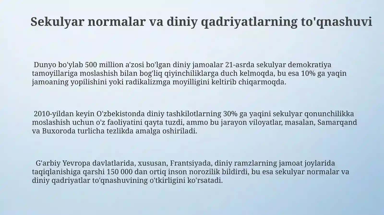 Diniytashkilotlarningzamonaviydunyoviyme'yyorlarigamoslashuviningahamiyati 3