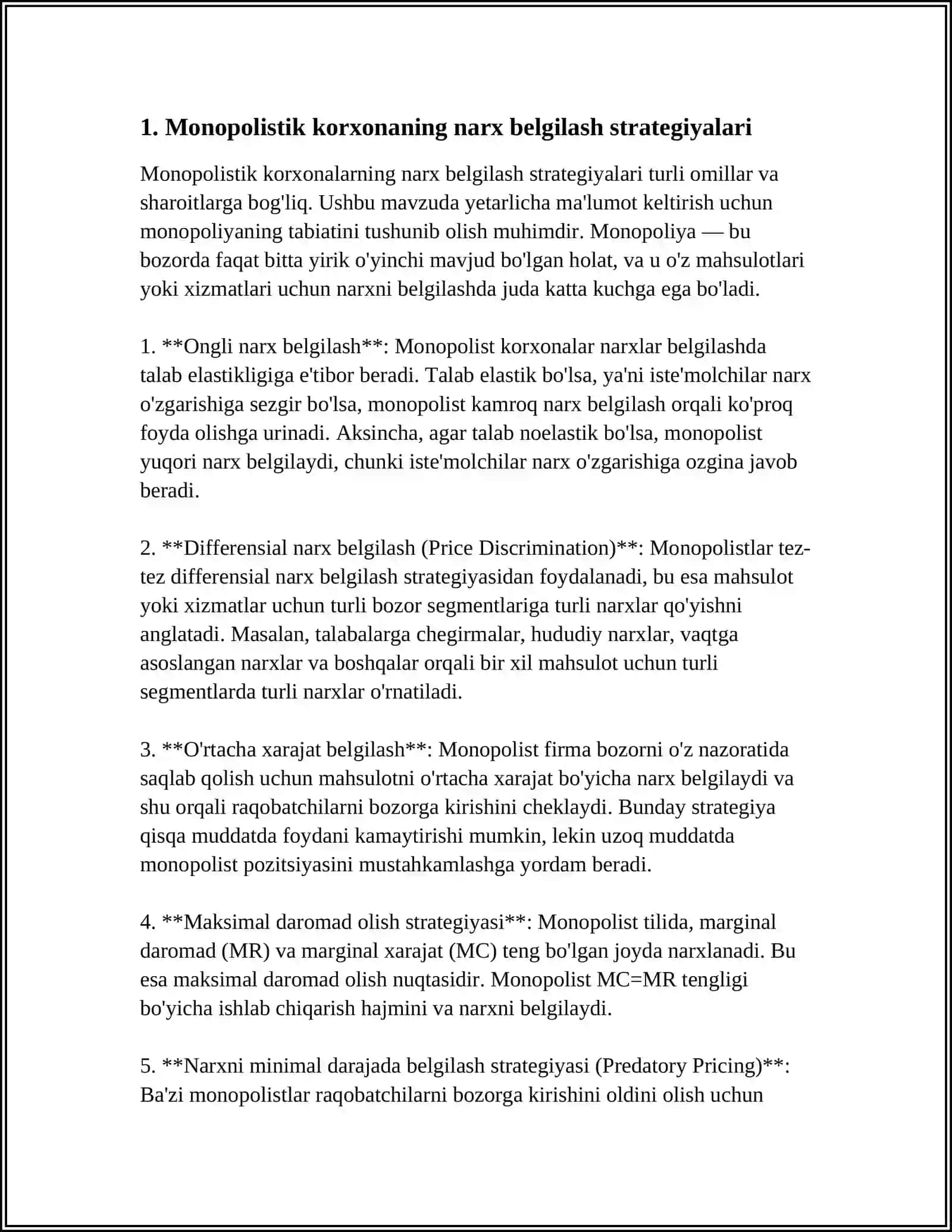 MANAPOLISTIK KORXONANING NARX SIYOSATI VA FOIDASNI MAKSIMALASHTIRISH SHARTLARI 3