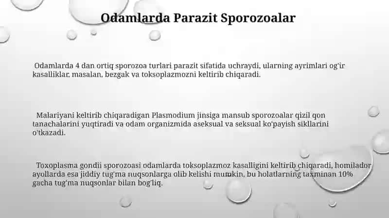 Sporalilar -odam parazitlari, bezgak paraziti, toksiplazma, koksidya 3