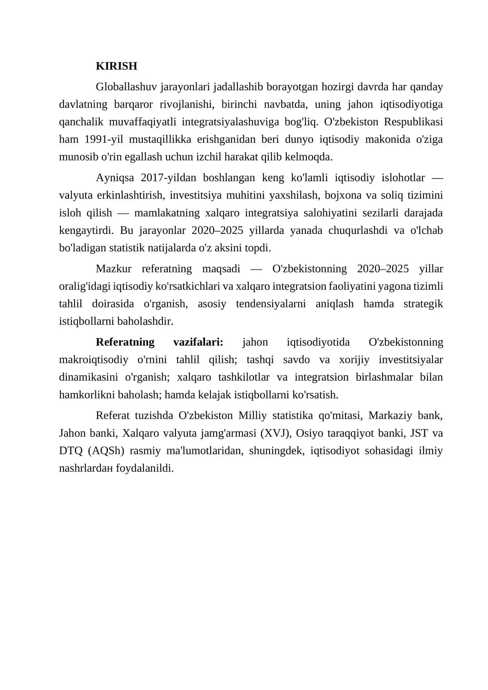 O‘zbekistonning jahon iqtisodiyotidagi o‘rni va integratsion jarayonlardagi ishtiroki 3