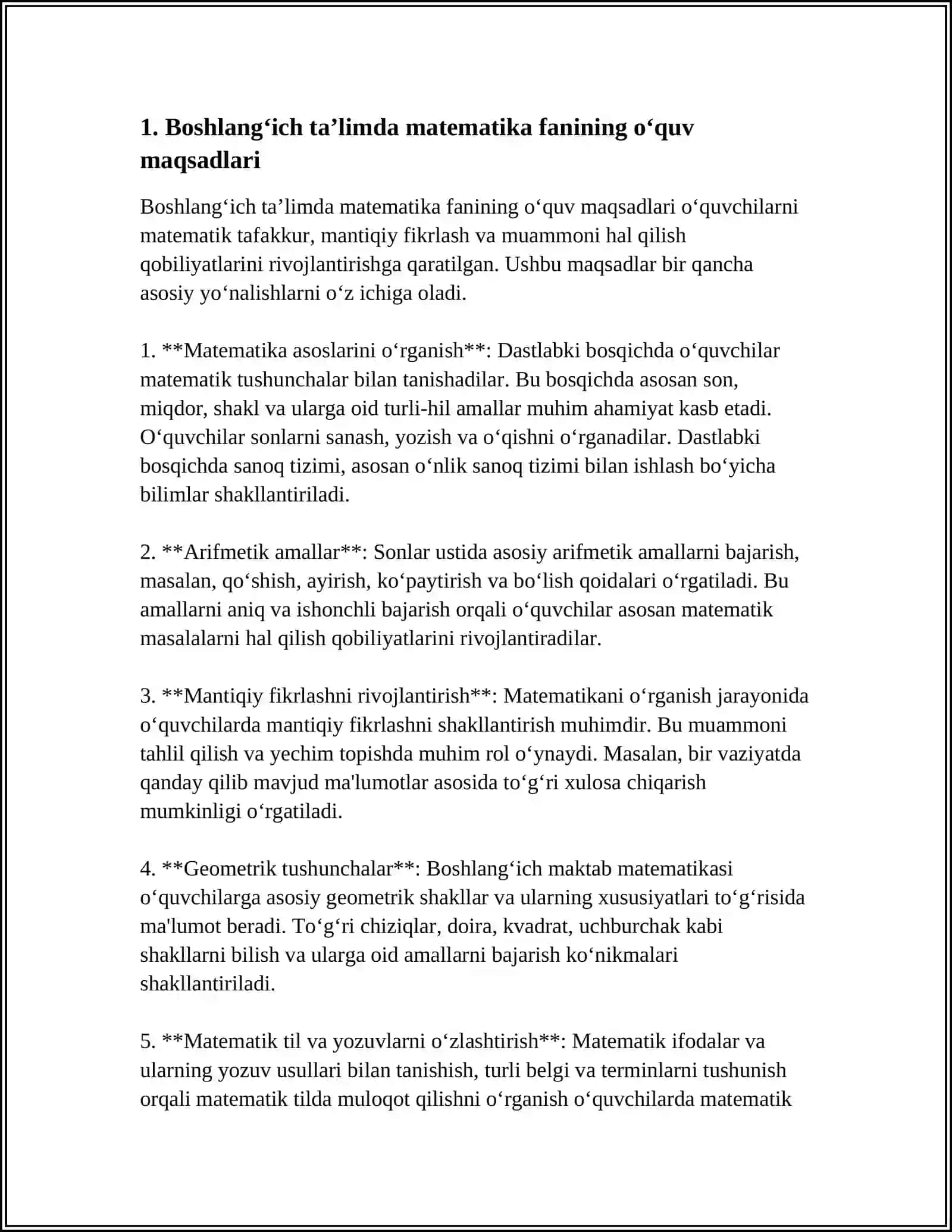MUSTAQIL ISH Mavzu: BOSHLANG‘ICH TA’LIMDA MATEMATIKA FANINI O‘QITISHNING ASOSIY MAQSADI 3