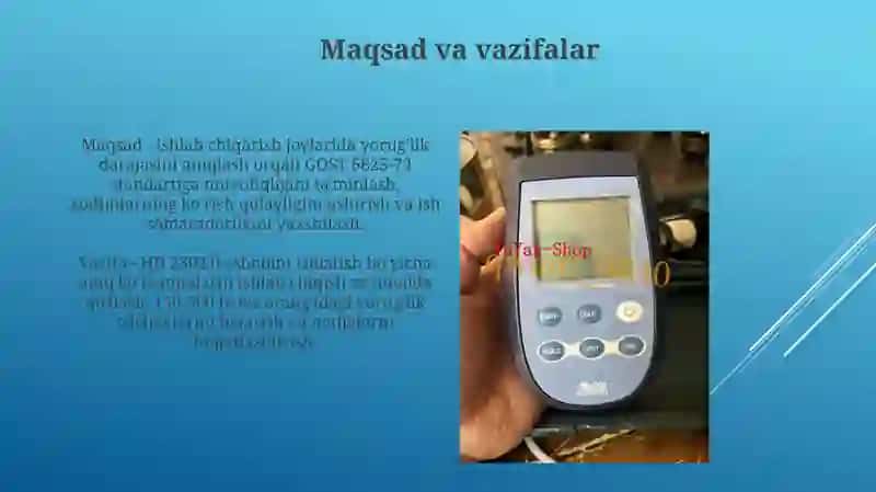 Ishlab chiqarish maydonlarida HD 2302.0. Asbobi yordamida yoritilganlik darajasini aniqlash 3