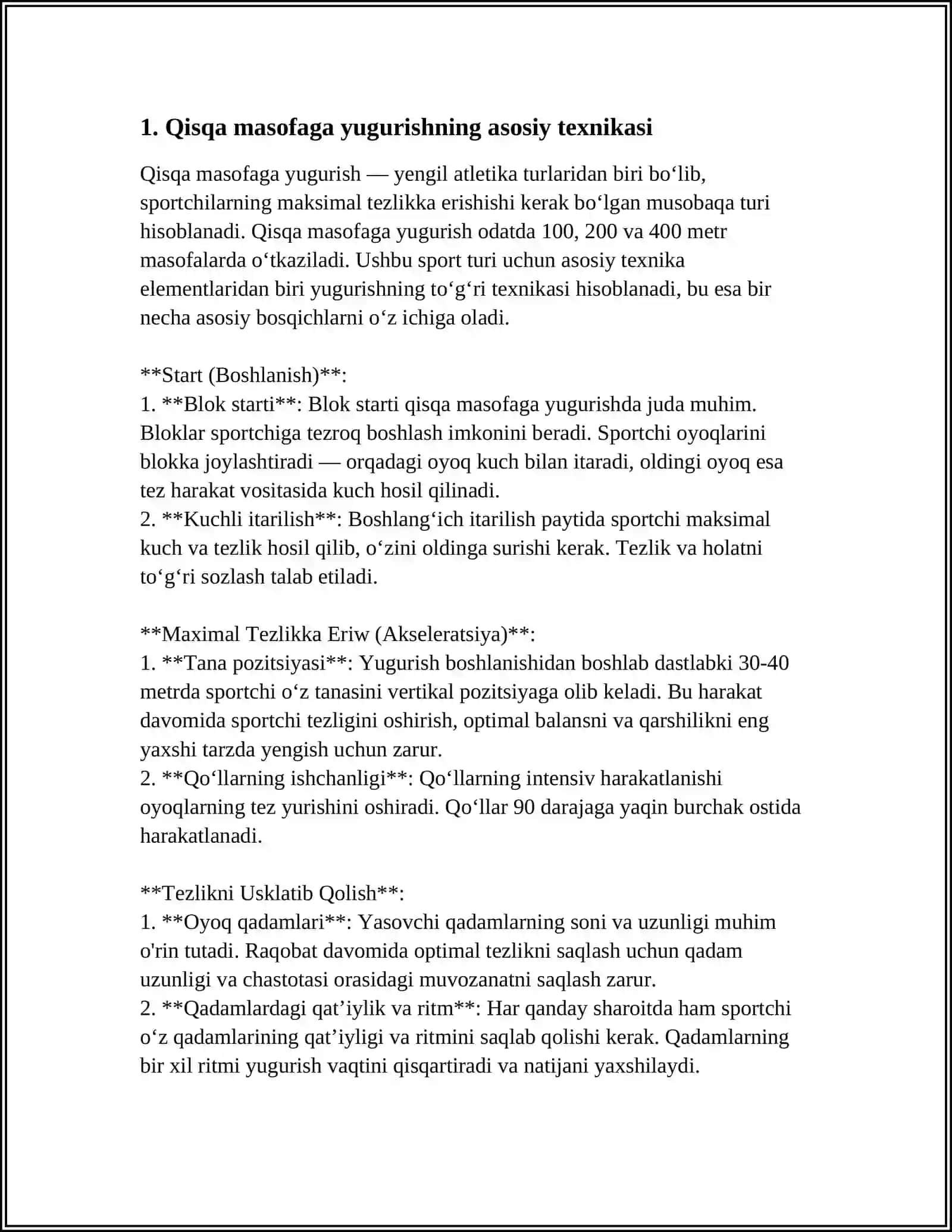 YENGIL ATLETIKA, (QISQA MASOFAGA YUGURISH TEXNIKASINI O‘RGATISH, HARAKATLI OʻYINLAR ORQALI TESKORLIK SIFATINI RIVOJLANTIRISH) 3