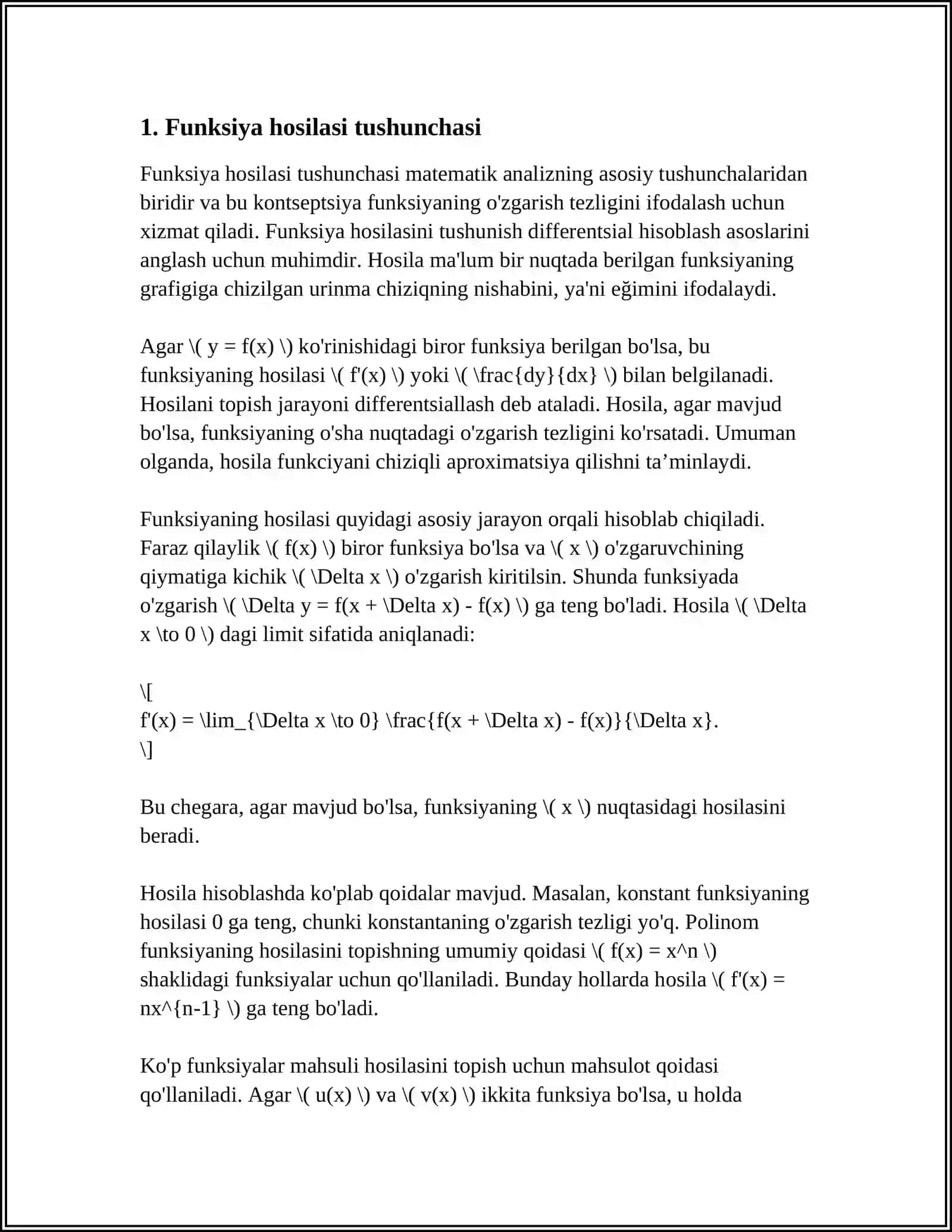 FUNKSIYA HOSILASI VA DIFFERENSIALI. FUNKSIV ANI HOSI LA VERDAMIDA TEKSHIRISH. BOTIGLIK VA QAV ARIQLIKNING IQTISODIY TATBIQLARI 3