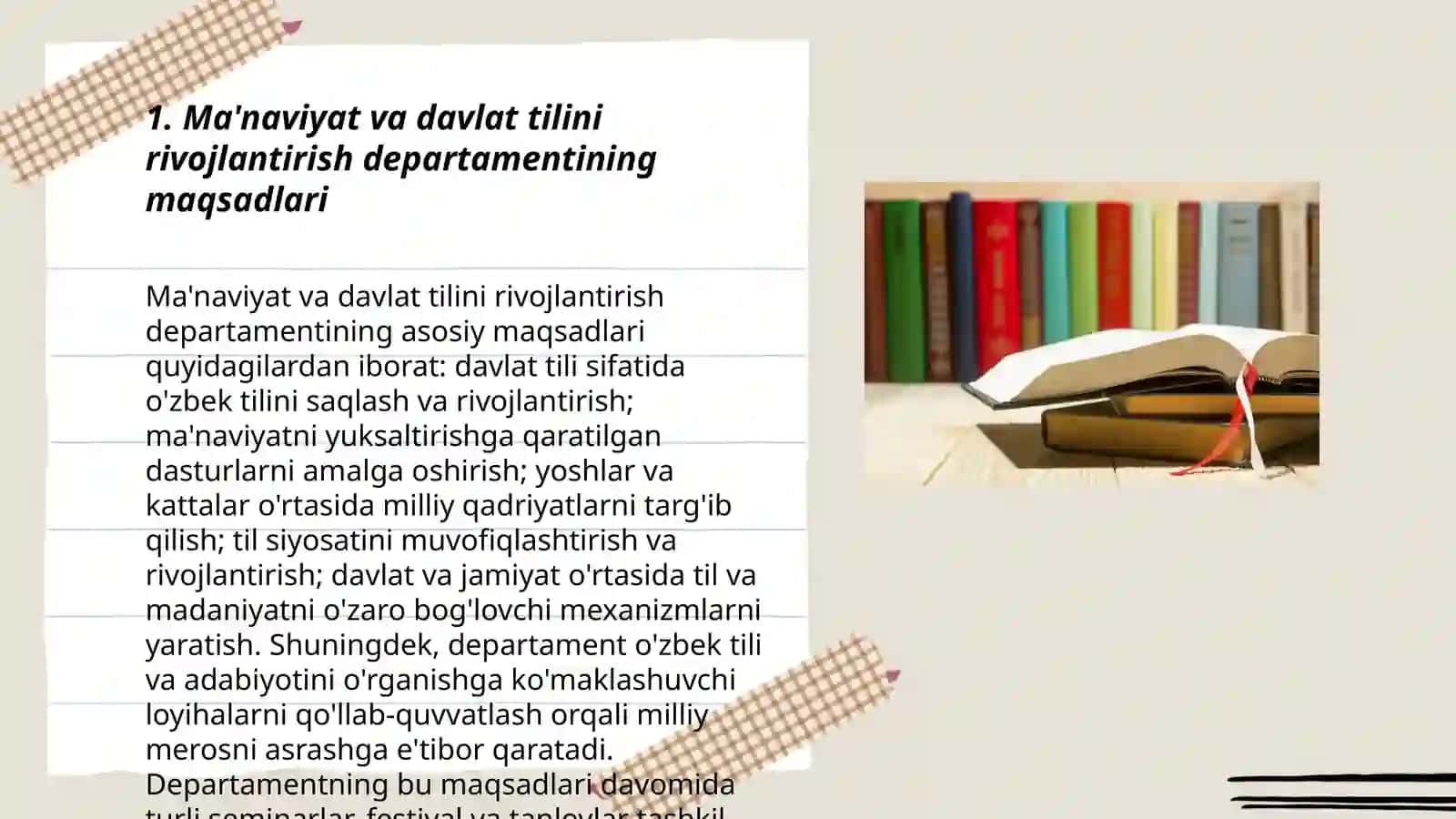 Ma'naviyat va davlat tilini rivojlantirish masalalari departamenti tashkil etilishi va uning faoliyati 3