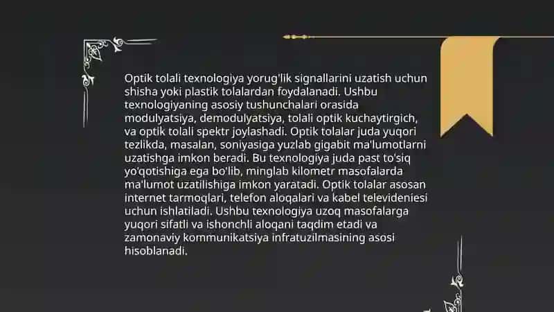 Binoda yuqori tezlikdagi Internet ulanishi uchun optik tolali texnologiya 3