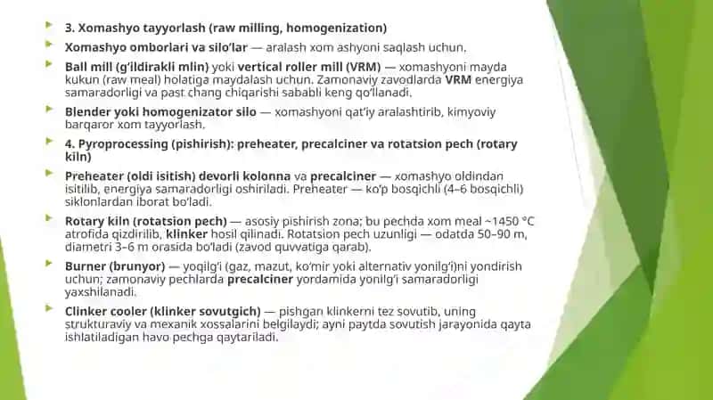 Portlandsement ishlab chiqarishdagi uskunalar. Gidravlik bog'lovchi moddalar, turlari, xossalari, afzallik va kamchiliklari 3