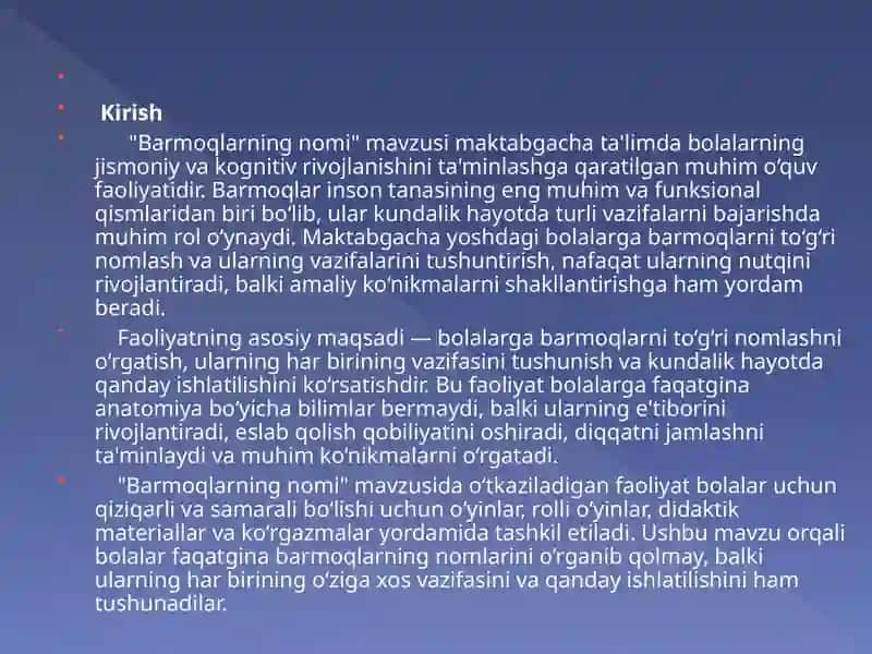 “Barmoqlarning nomi” (kichik guruh). Syujetli-rolli oʼyinlar va sahnalashtirish markazi 3