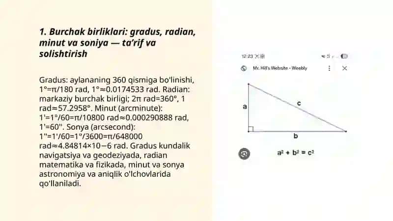 Burchak oʻlchovlari turlarini oʻrganish va har bir oʻlchov turini qoʻllanilishi 3