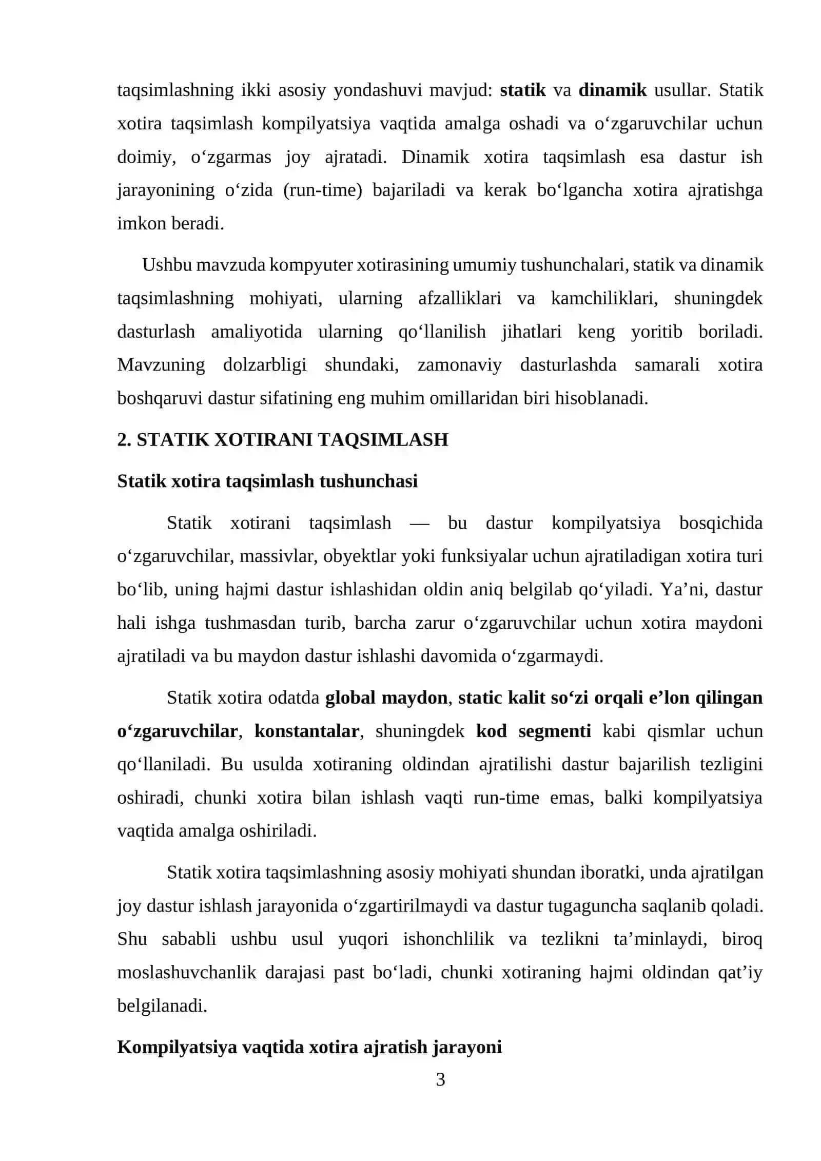 Xotirani taqsimlash usullari (statik, dinamik) 3