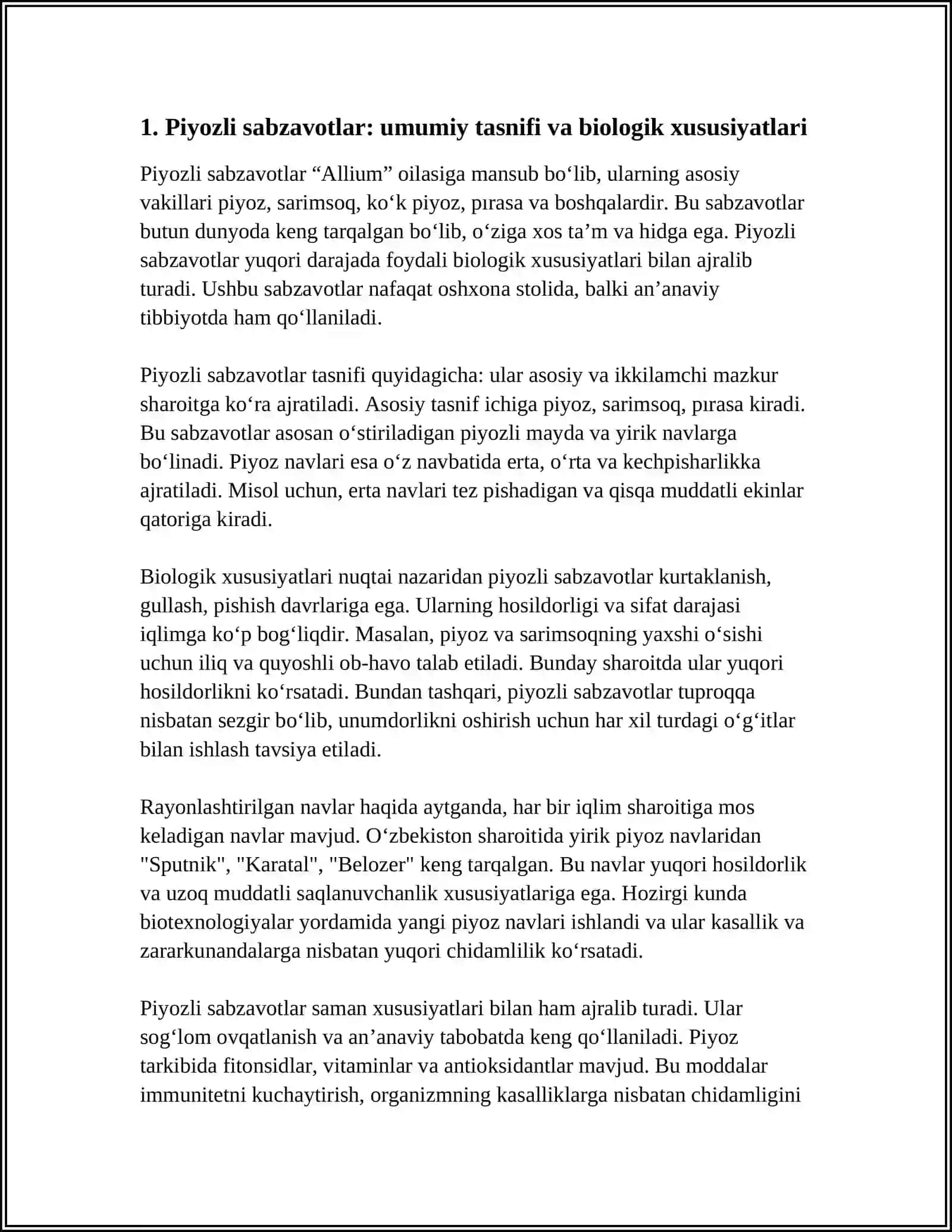 PIYOZLI SABZAVOTLAR TURLARI VA RAYONLASHTIRILGAN NAVLARI TASNIFI 3