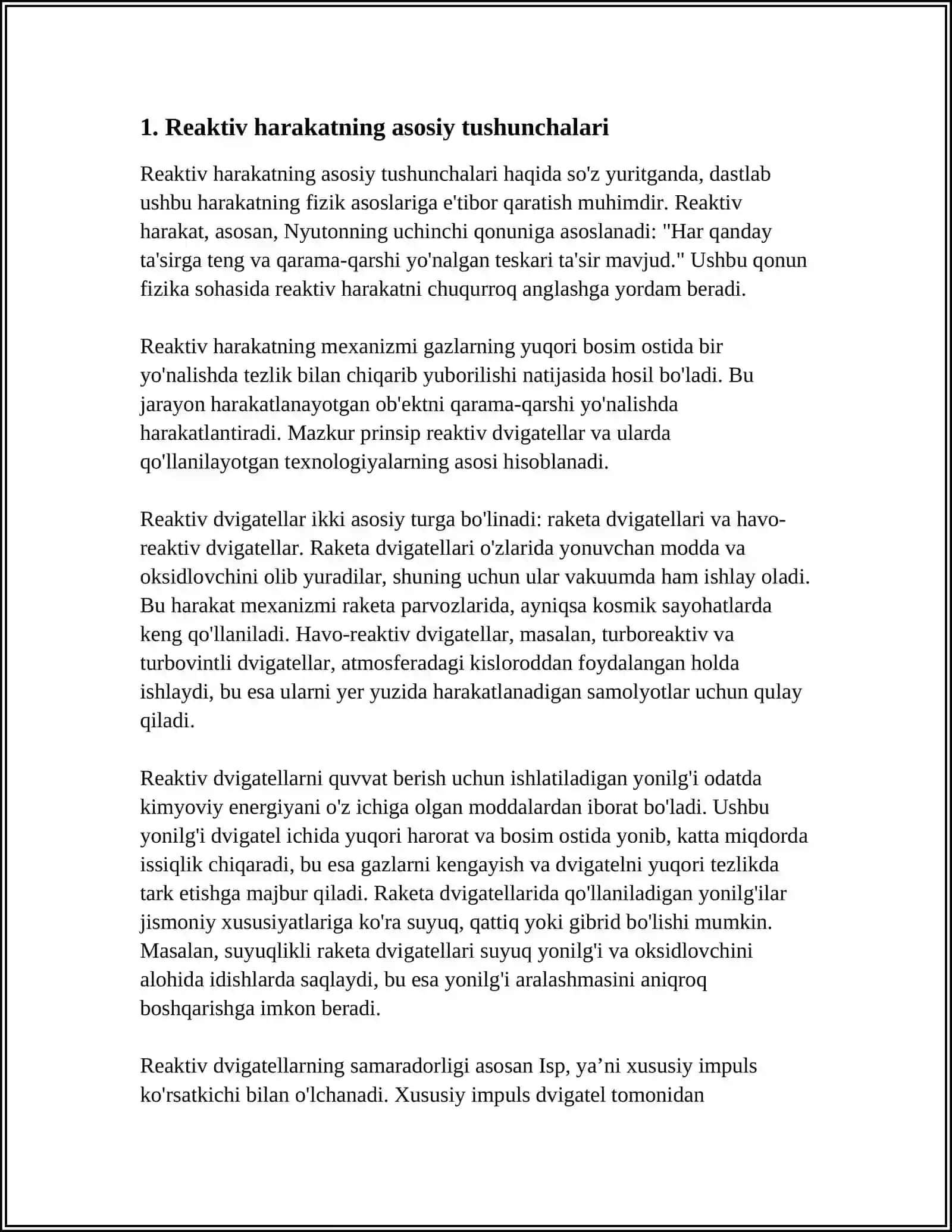MUSTAQIL ISH Mavzu: ÕZGARUVCHAN MASSALI JISMLARNING HARAKATI. REAKTIV HARAKAT 3