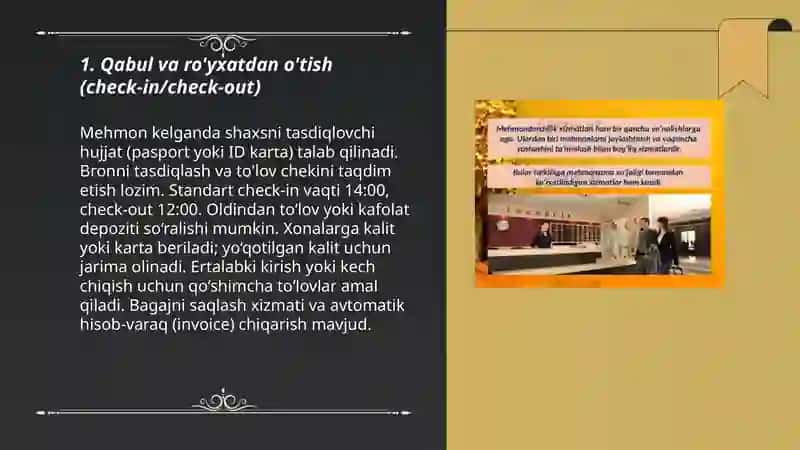Mehmonxonada ko'rsatiladigan asosiy va qo'shimcha xizmatlar 3