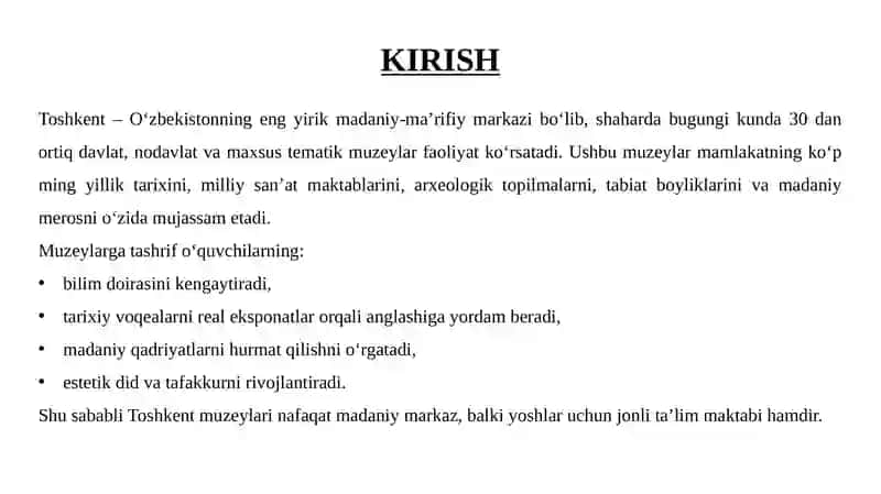 TOSHKENT SHAHRIDA JOYLASHGAN MUZEYLARGA TASHRIF 3