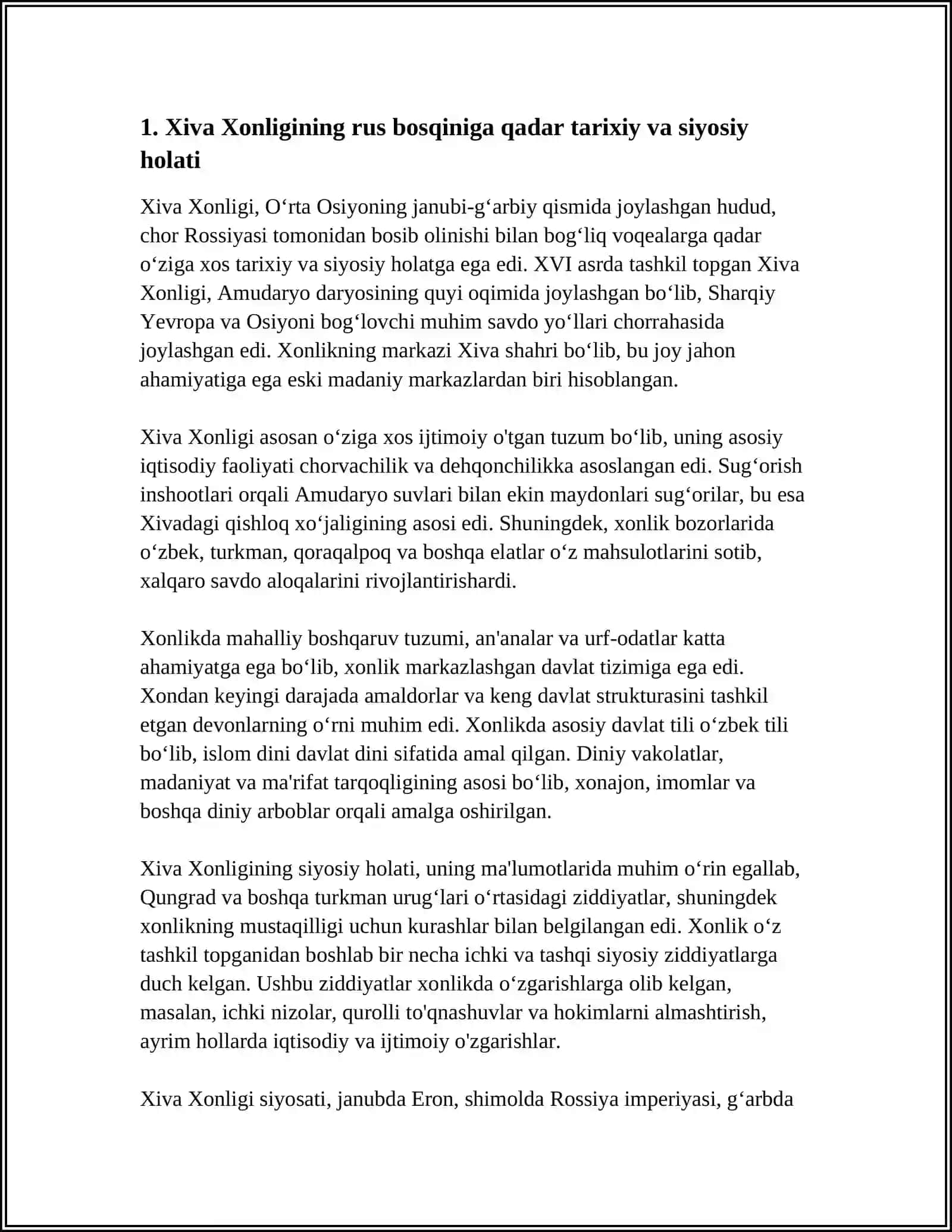 O‘RTA OSIYO XONLIKLARINI CHOR ROSSIYASI TOMONIDAN BOSIB OLINISHIGA BAG‘ISHLANGAN KO‘RGAZMALARNI YOZIB CHIQISH ( XIVA XONLIGI ) 3