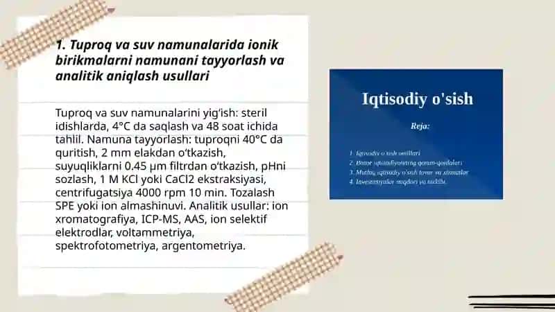 Tuproq va suvning ifloslanishida ion bogʻlanishli birikmalarni aniqlab ulardan tozalash usulini ishlab chiqish 3